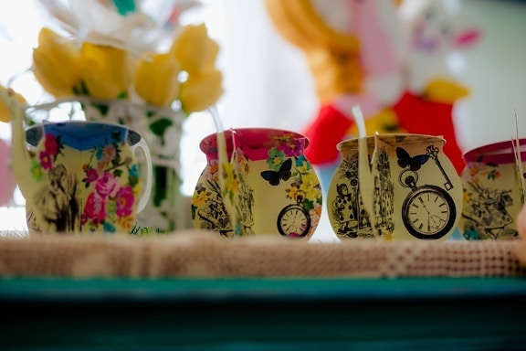 carton, teapot, object, handmade, craft, miniature, cup, still life, color, table