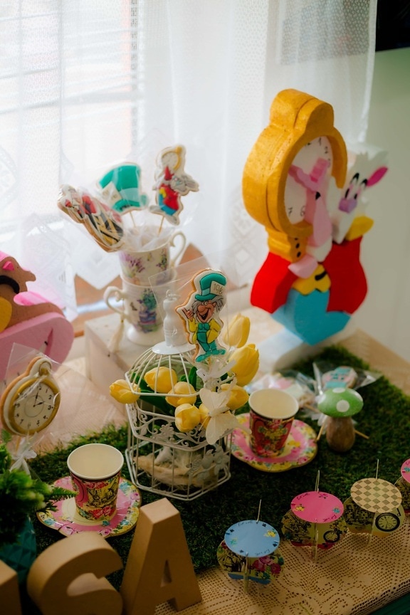 strana, dekorace, Velikonoce, zátiší, hračky, lízátko, cukroví, tulipány, žlutá, kytice