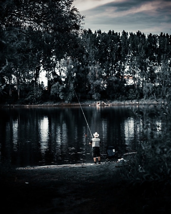 pesca, pescador, recreação, plácida, área de Resort, paisagem, água, Lago, reflexão, preto e branco