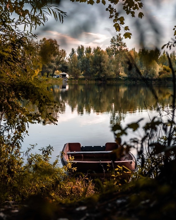 barco, orilla del río, barco por el río, junto al lago, arbustos, temporada de verano, ramas, paisaje, reflexión, Lago
