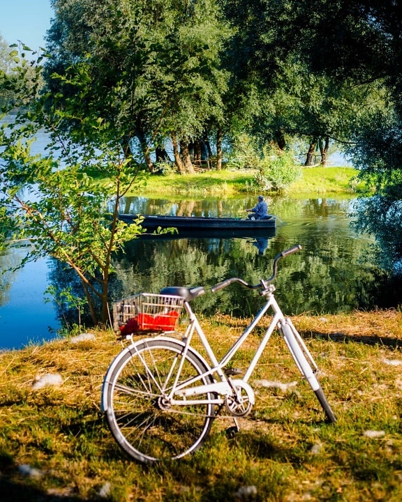 åstranden, floden, flodbåt, man, kusten, rekreation, cykel, hjulet, mountainbike, Cykling