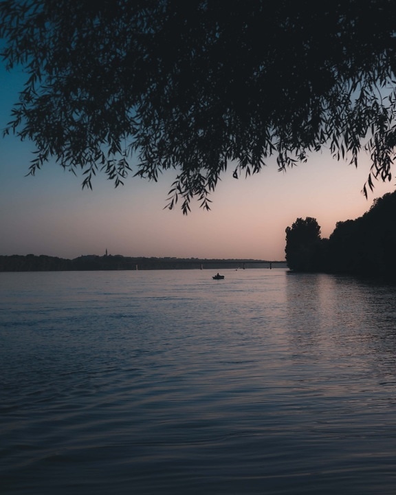 riverbank, river, Danube, dusk, boat, idyllic, atmosphere, placid, shore, reflection
