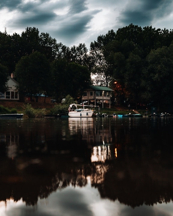 evening, dusk, lake, resort area, harbour, water, building, boathouse, reflection, tree
