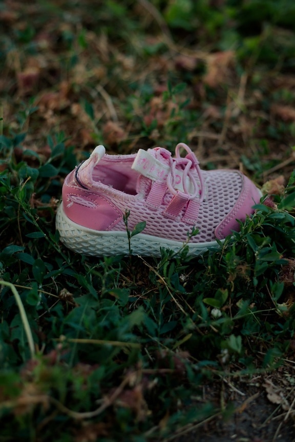 baby, pinkish, sneakers, footwear, grass, covering, outdoors, nature, fashion, flower