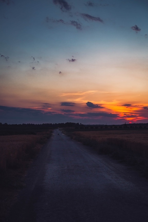 twilight, sunset, dusk, rural, road, field, agriculture, clouds, atmosphere, star