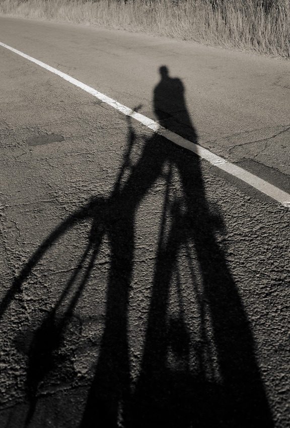 shadow, bicycle, asphalt, road, journey, travel, route, monochrome, people, street