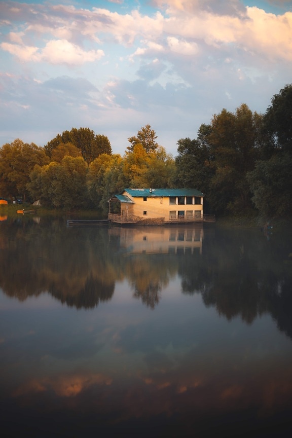 calm, placid, atmosphere, abandoned, old, boathouse, decay, water, lake, sunset