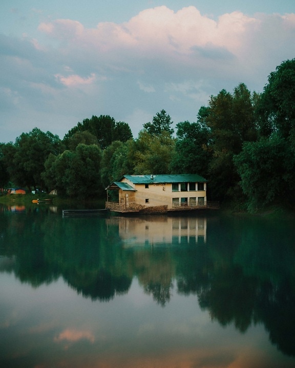 decay, abandoned, boathouse, resort area, camping, tent, lake, water, river, reflection