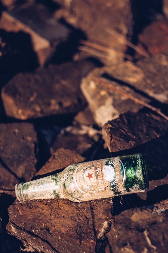 dark green, bottle, Heineken beer, waste, abandoned, dirty, decay, trash, garbage, drink