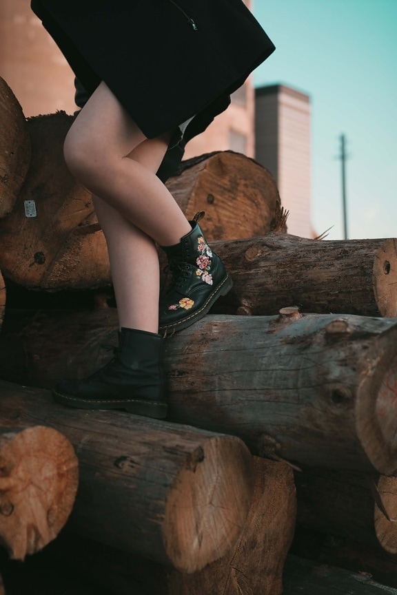 leather, fancy, black, boots, legs, firewood, wood, portrait, girl, model