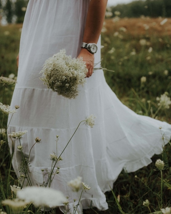 white, wedding dress, dress, wildflower, girl, field, groom, wedding, bride, flower