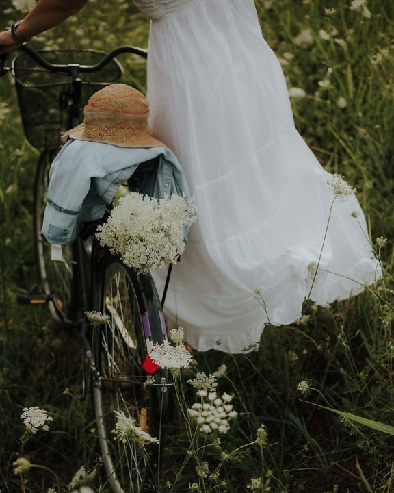 bicycle, girl, dress, wildflower, hat, nostalgia, vintage, bride, flower, engagement