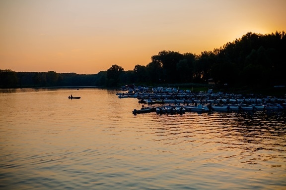 dusk, lake, placid, boats, harbour, silhouette, water, sunset, reflection, river