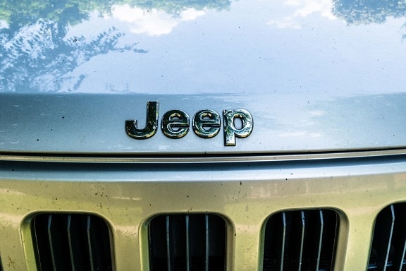 Jeep, krom, tecken, metallic, industrin, automobile, bil, fordon, klassisk, huva
