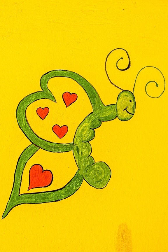graffiti, sommerfugl, gul grøn, skitse, kreativitet, hjerter, kunst, illustration, design, farve
