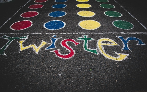 Twister game, concrete, colorful, text, asphalt, road, street, urban, texture, track