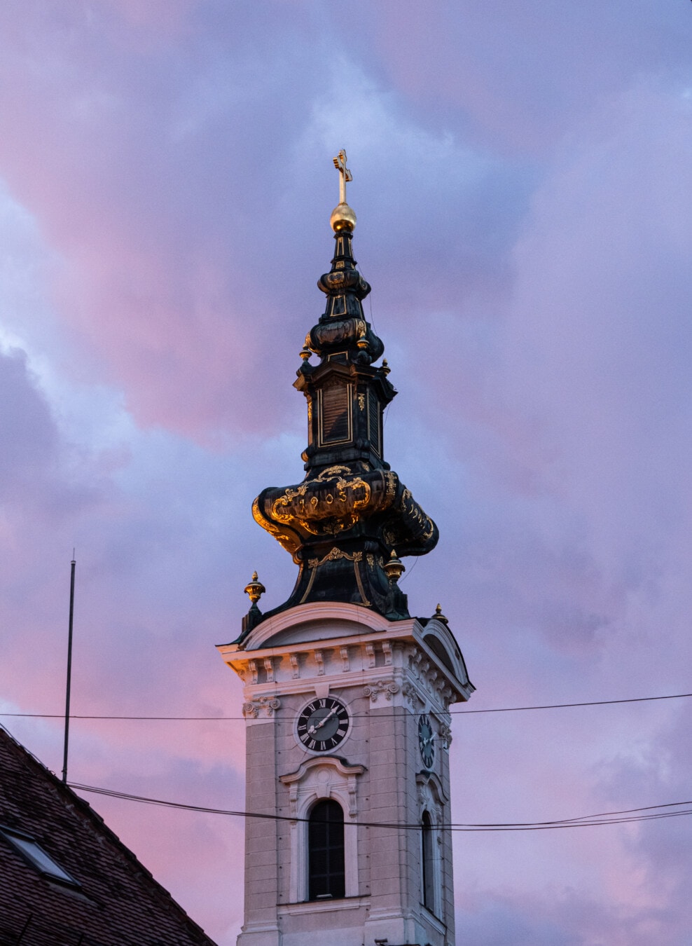 evening, church tower, golden shine, cross, architecture, tower, old, church, city, ancient