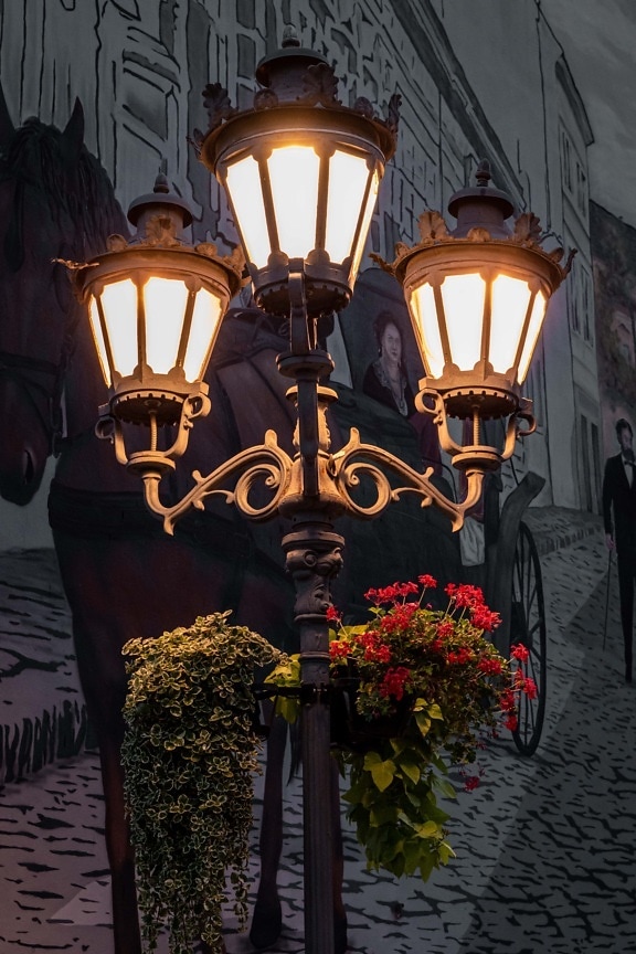 лампа, чугун, улица, вечерта, фенер, архитектура, стар, класически, изкуство, традиционни