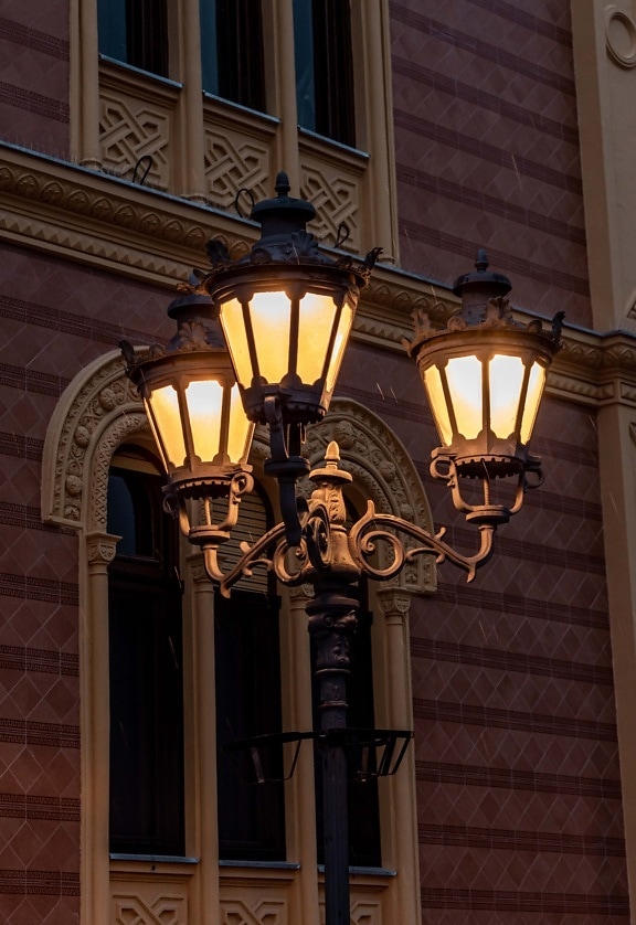 lamp, street, classic, cast iron, baroque, lantern, evening, rain, architecture, building