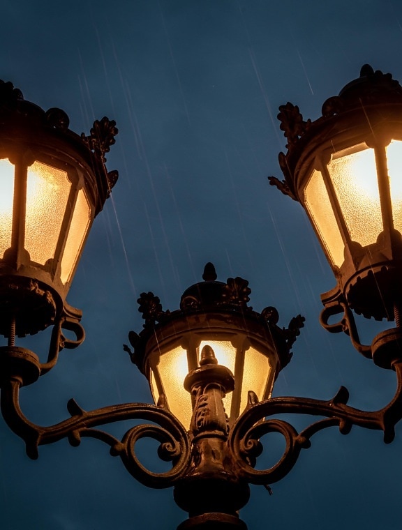 rain, evening, night, lantern, baroque, lamp, cast iron, classic, light, old