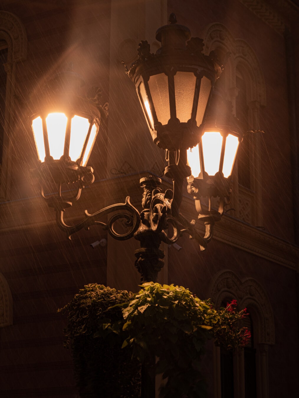 lampe, natt, regn, natt, gate, støpejern, barokk, lys, lyspære, elektrisitet