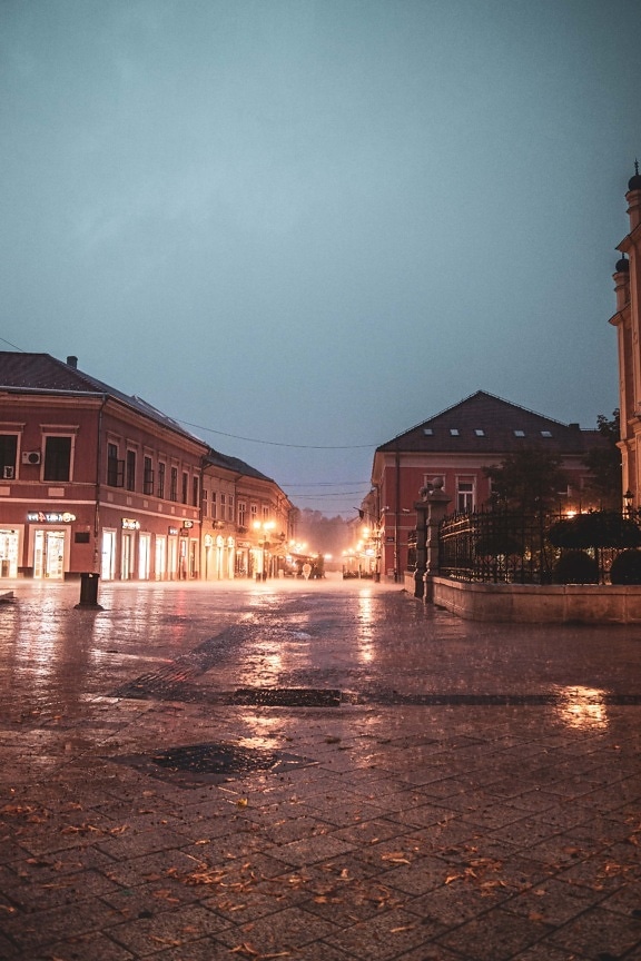 rain, bad weather, street, downtown, night, building, architecture, water, city, light