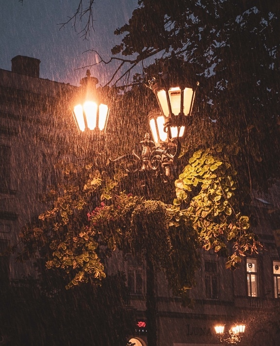 rain, bad weather, street, cast iron, lantern, equipment, light, dark, lamp, illuminated
