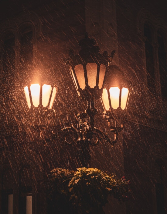 rain, bad weather, night, old style, vintage, lantern, cast iron, lamp, street, silhouette