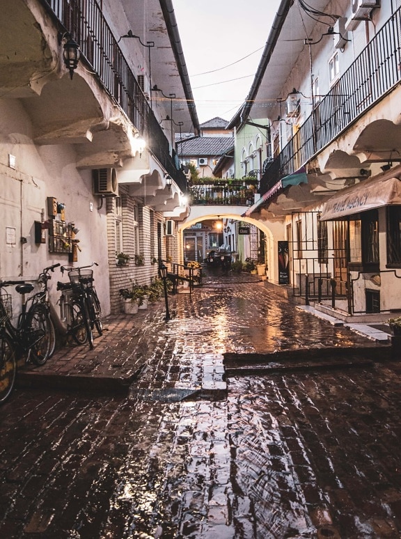 alley, passage, buildings, rain, street, architectural style, vintage, architecture, house, town