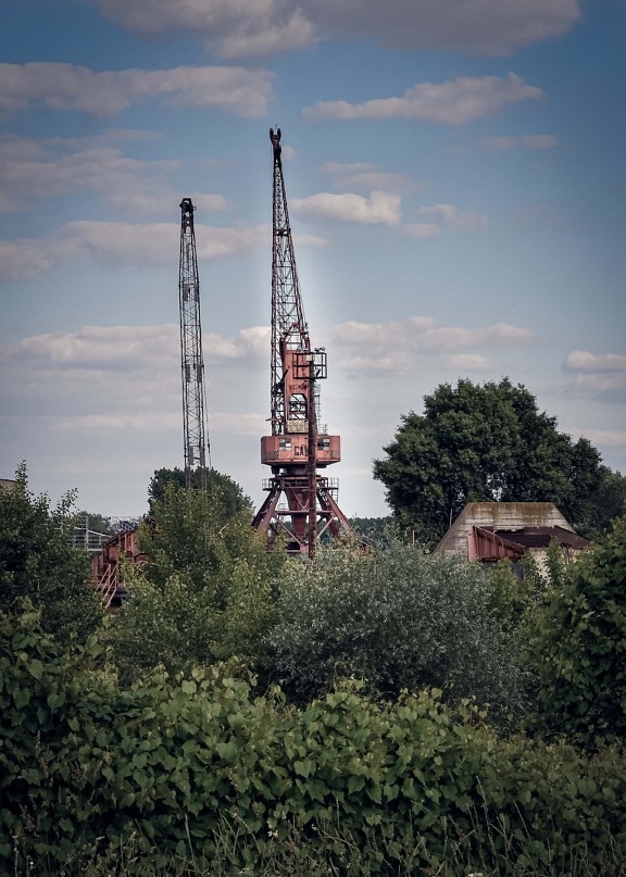 factory, derelict, decay, industry, tower, construction, device, equipment, structure, crane