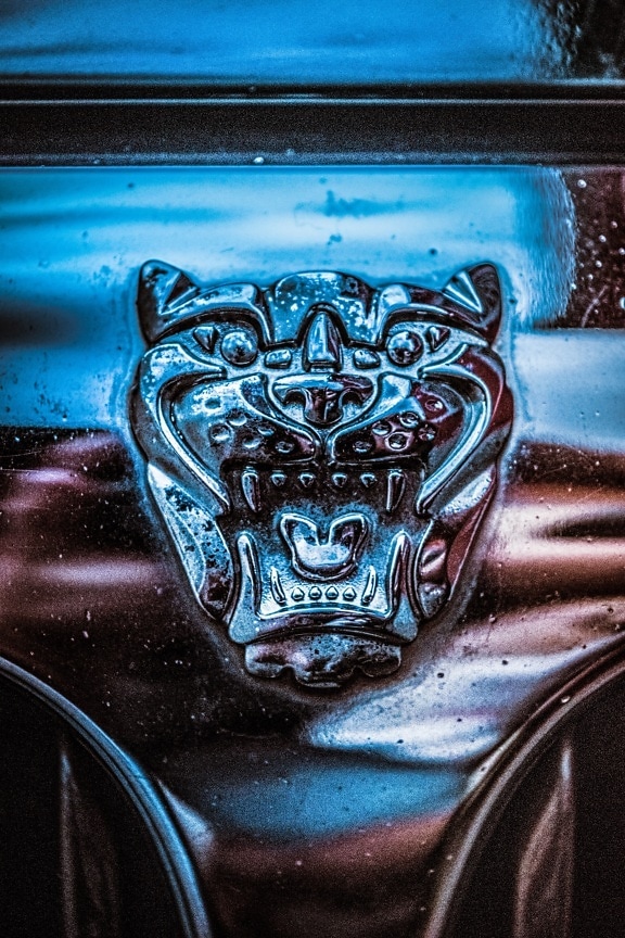 Jaguar, chrome, symbole, signe, automobile, en détail, voiture, métalliques, sedan, réflexion