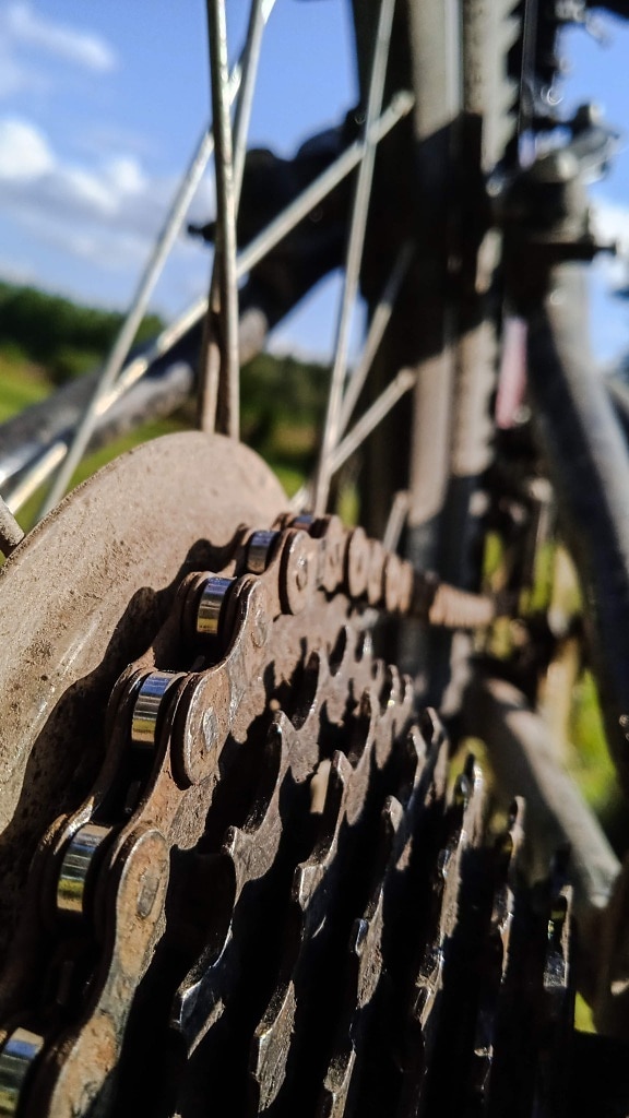 gear, mountain bike, bicycle, gearshift, chain, close-up, detail, bicycling, cast iron, steel
