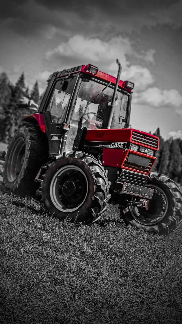 traktor, maskine, rød, køretøj, udstyr, monokrom, hjulet, gård, landbrug, dæk