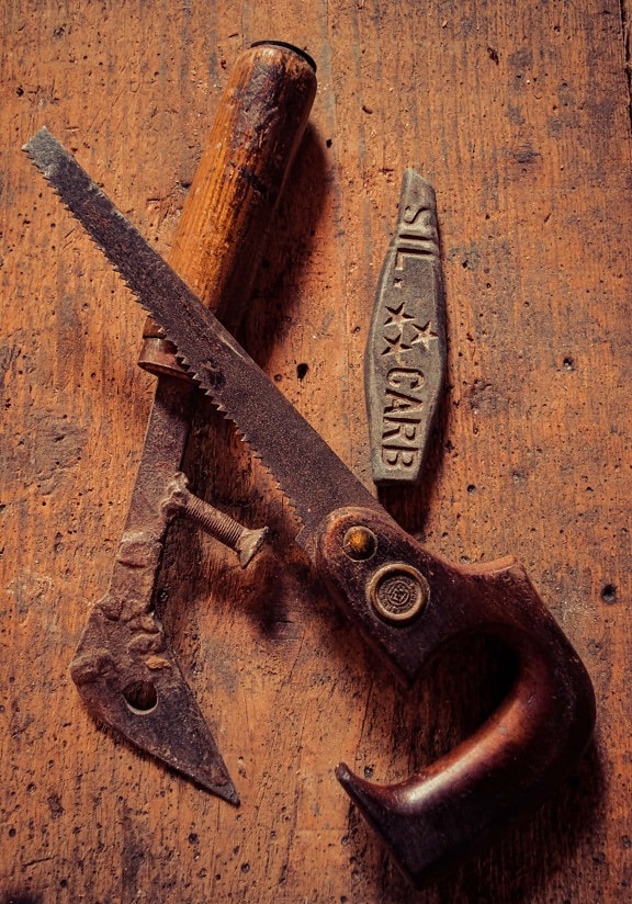 sciure de bois, scie, vintage, style ancien, outil à main, tranchant, lame, Pierre, en acier, fer
