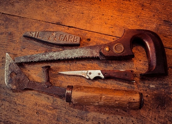 Jahrgang, alt, alten Stil, Hand-Werkzeug, Werkzeug, Messer, Säge, scharfe, Sägemehl, Klinge