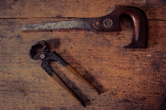 pliers, saw, tool, hand tool, vintage, workshop, repair shop, iron, wood, steel