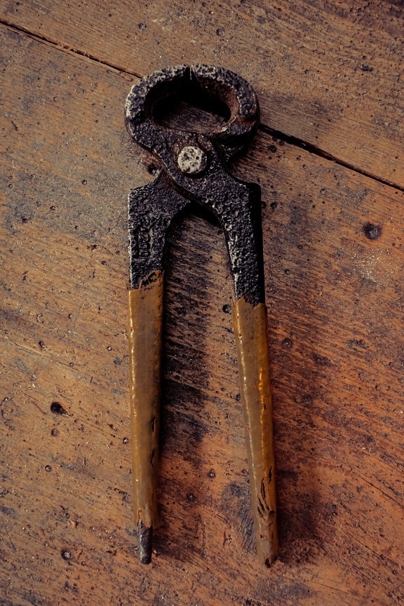 pliers, cast iron, old style, decay, vintage, hand tool, old, wood, steel, retro