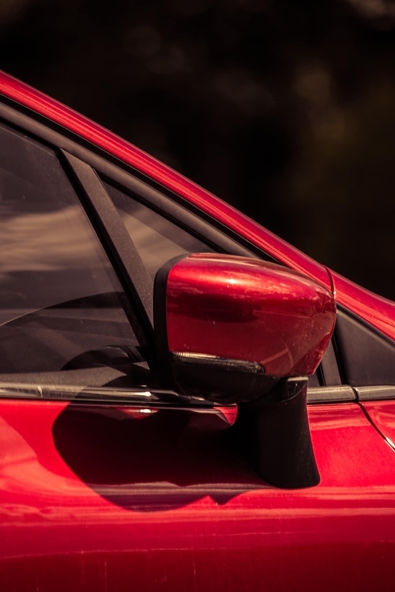 Vista lateral, espelho, automóvel, perto, janela, avermelhado, tinta, metálico, carro, veículo