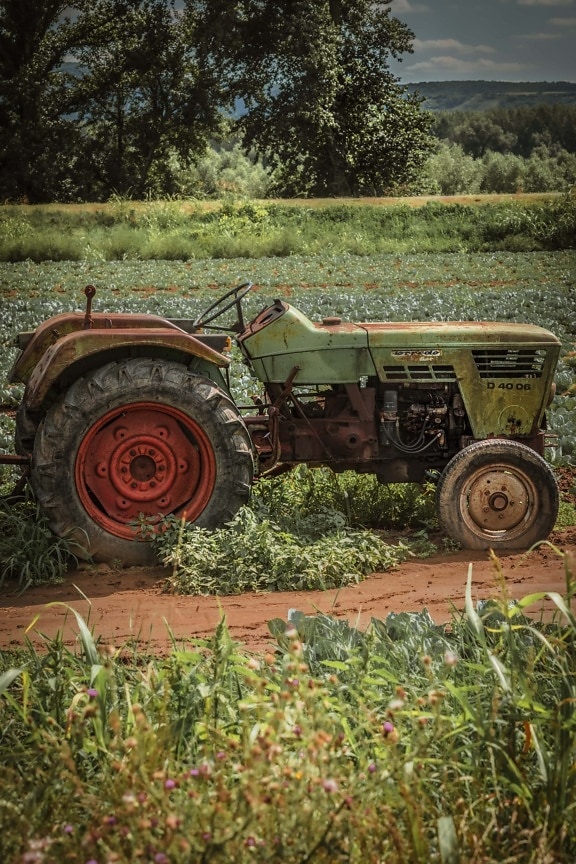 old, rust, tractor, agriculture, field work, machine, mechanization, side view, rural, equipment