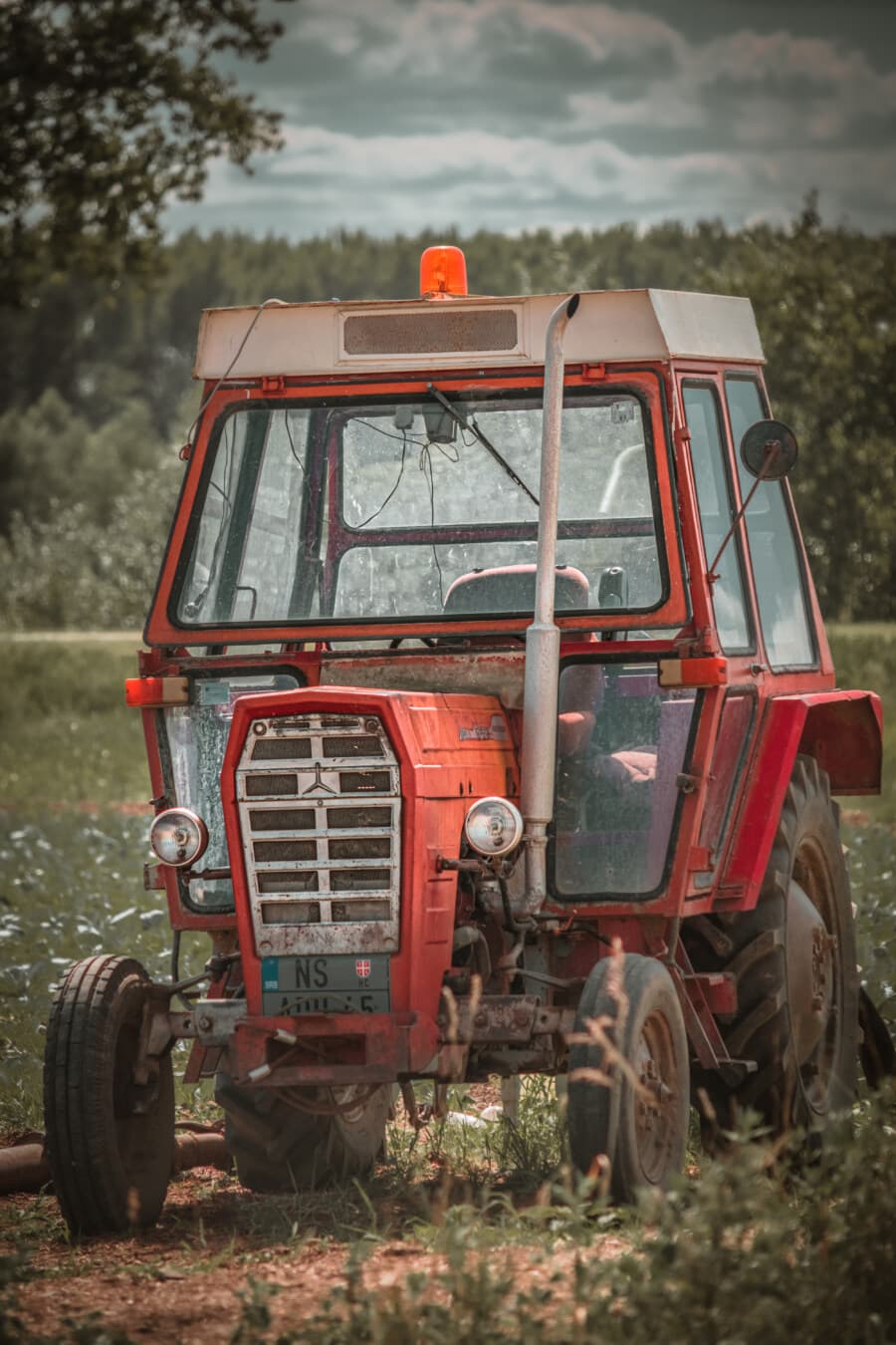 red, tractor, rural, old style, mechanization, headlight, windshield, vehicle, device, machine