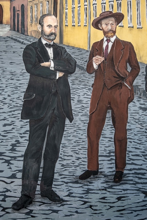 Gentleman, Männer, Smokinganzug, Hut, Jahrgang, künstlerische, Straße, Graffiti, Abbildung, Schnurrbart
