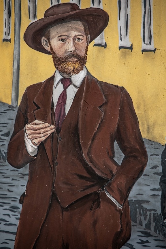 grafite, terno smoking, vaqueiro, barba, chapéu, bigode, homem, retrato falado, Visual, ilustração