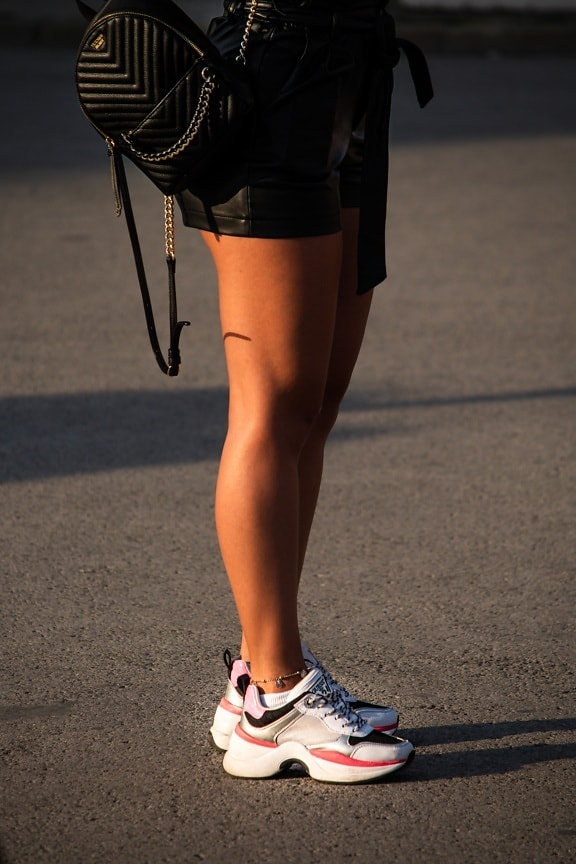 anklet, skirt, outfit, girl, fancy, handbag, leather, black, sneakers, legs