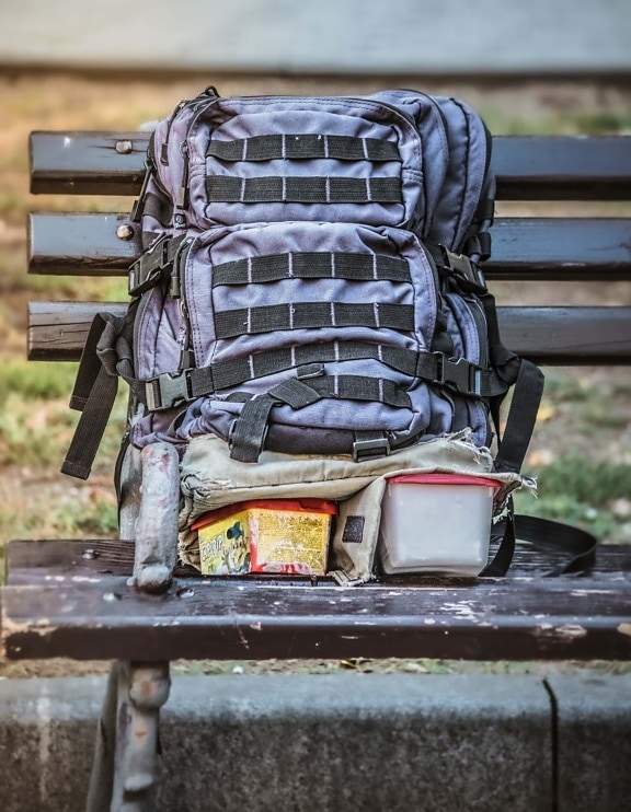 backpack, baggage, bench, travel, seat, luggage, outdoors, adventure, equipment, outside