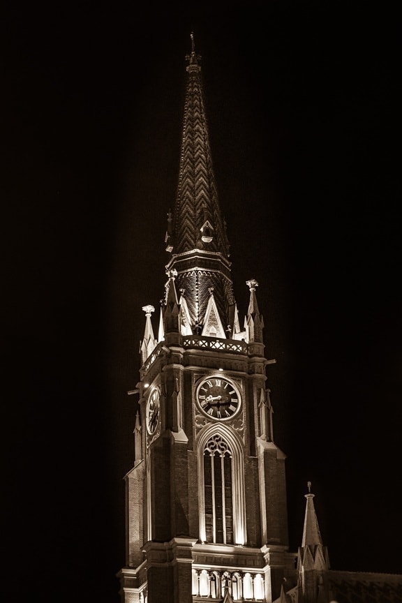 sepia, church tower, night, cathedral, church, catholic, architectural style, gothic, landmark, architecture