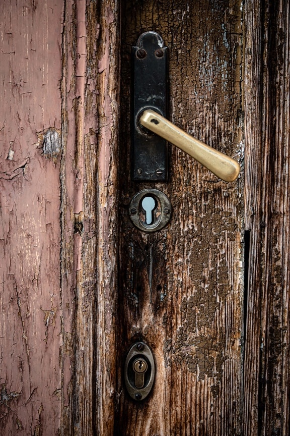 keyhole, front door, decay, derelict, abandoned, entrance, wooden, wood, handle, door