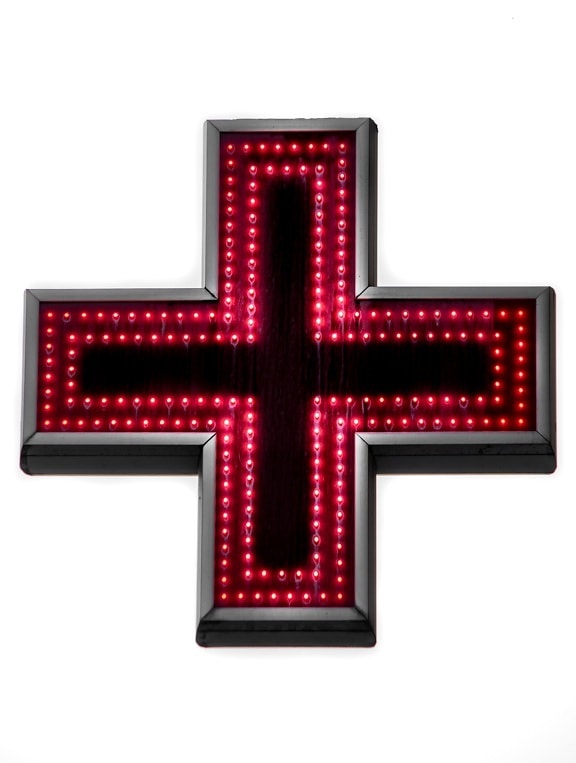 sign, cross, red, neon, pharmacy, symbol, illumination, lumen, luminescence, light