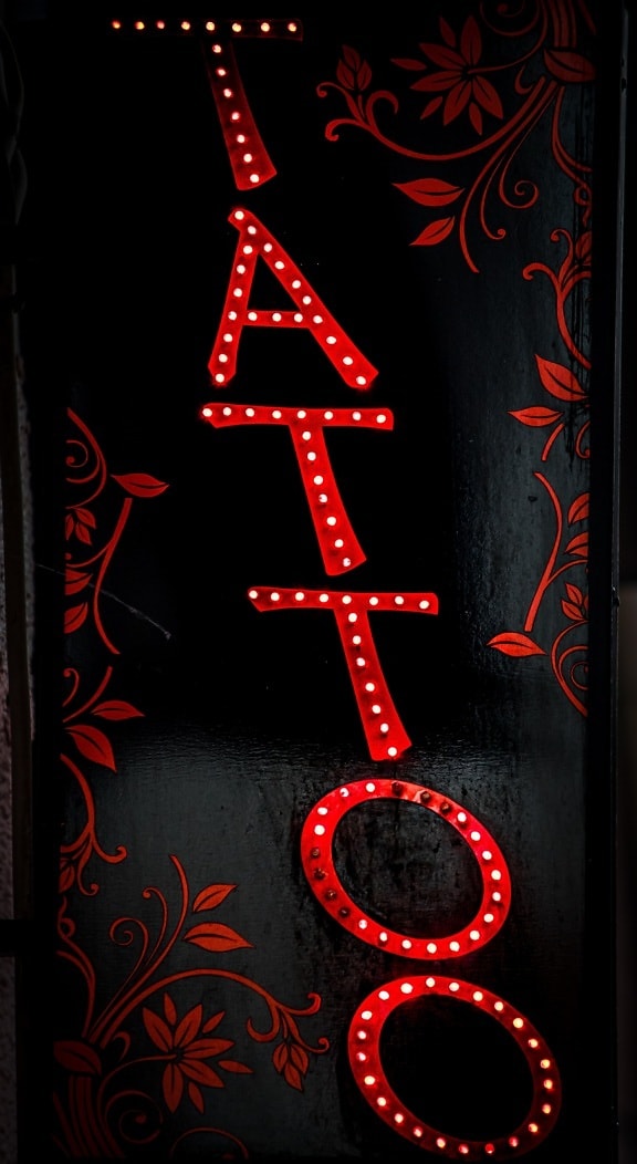 sign, tattoo, diode, neon, light, text, dark red, advertising, marketing, typography