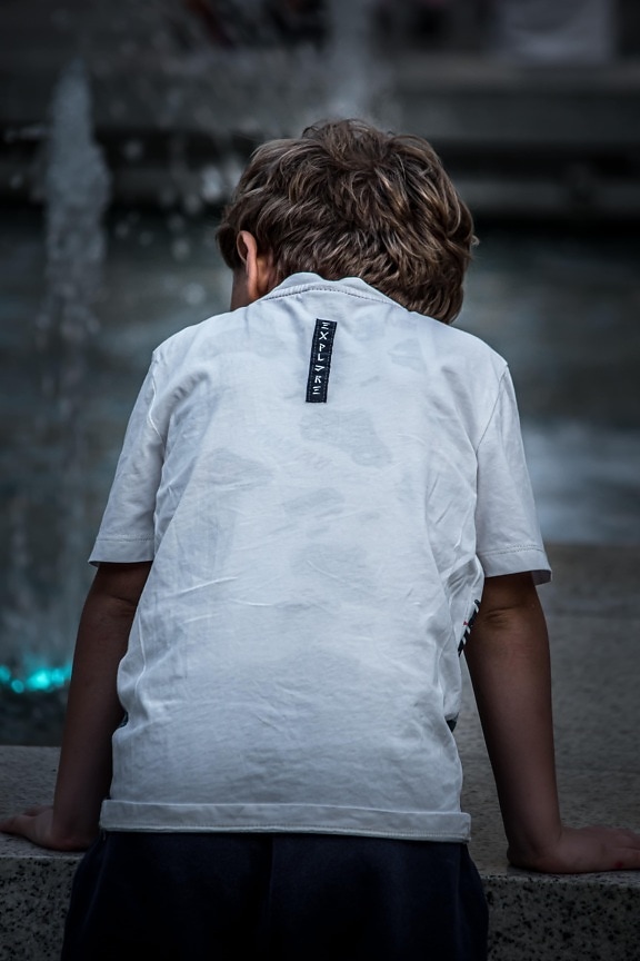 boy, child, fountain, looking, shirt, street, person, portrait, young, outdoors