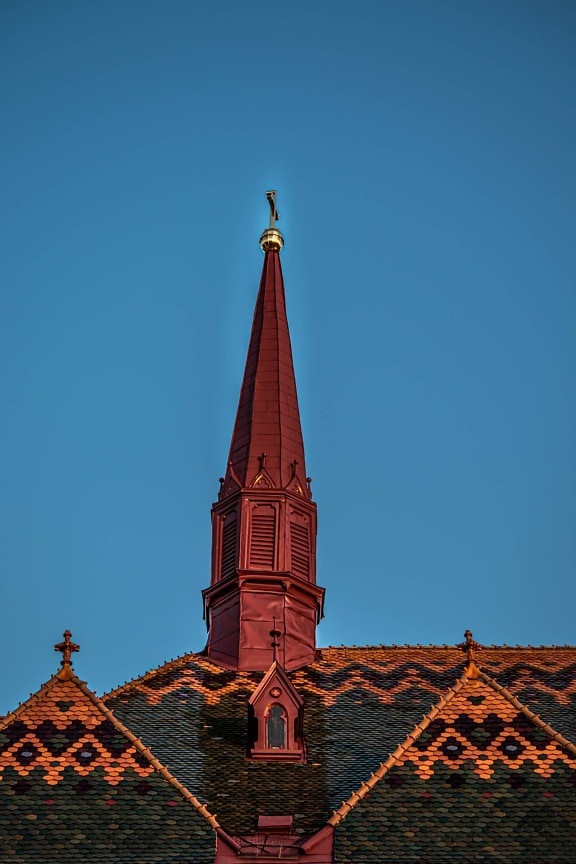stil, gotika, crkveni toranj, tamno crvena, križ, zlatni sjaj, crkva, arhitektura, religija, zgrada